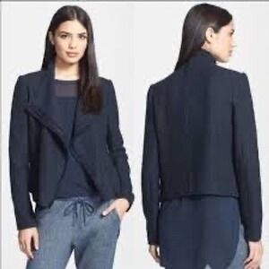 Vince Navy Tweed Asymmetrical Zipper Frayed Edge Moto Jacket - L